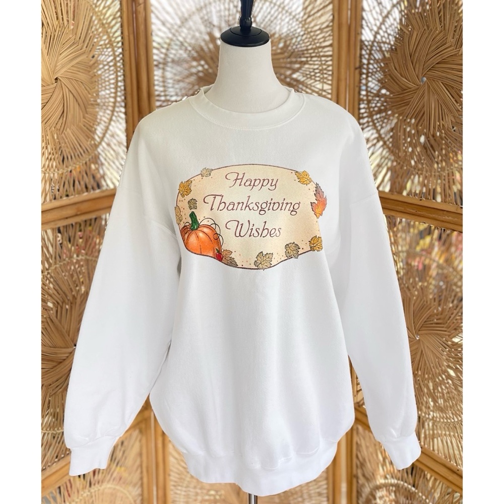 Vintage White Oversized Fall Happy Thanksgiving Wishes Holiday Sweatshirt - Picture 2 of 6